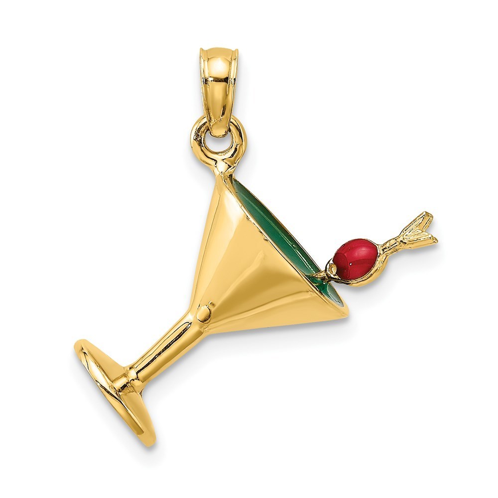 14k Yellow Gold 3-D Green Enamel Martini W/Cherry Necklace Charm Pendant